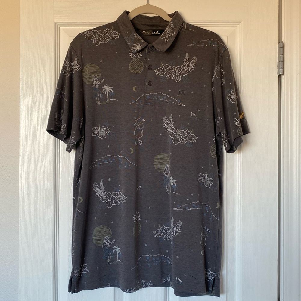 TravisMathew Golf Polo Shirt Men’s Size Large Gray with Tropical Print